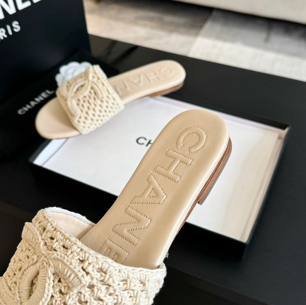 Chanel Slippers Beige Cream Lambskin