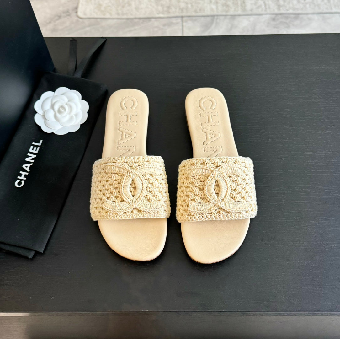 Chanel Slippers Beige Cream Lambskin