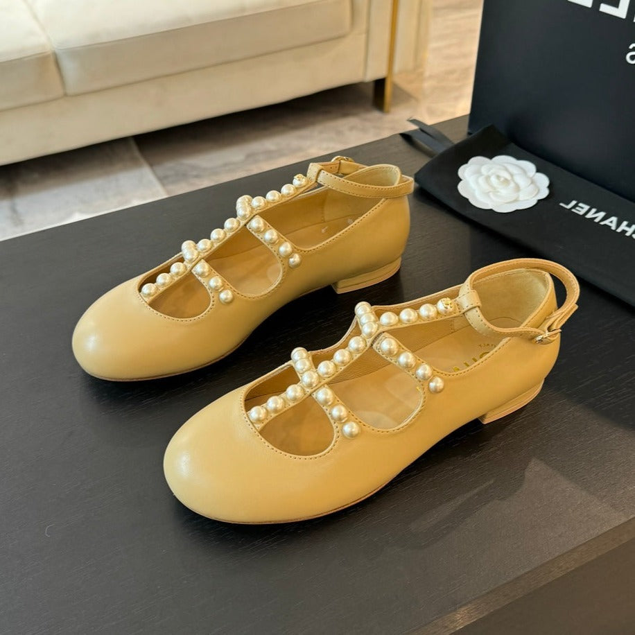 Chanel Mary Janes Shoes Light Yellow Goatskin with Faux Pearl