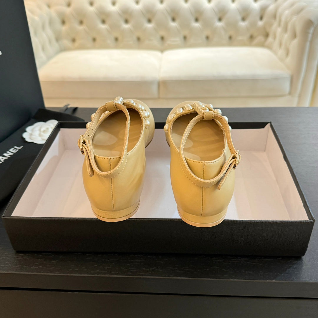 Chanel Mary Janes Shoes Light Yellow Goatskin with Faux Pearl