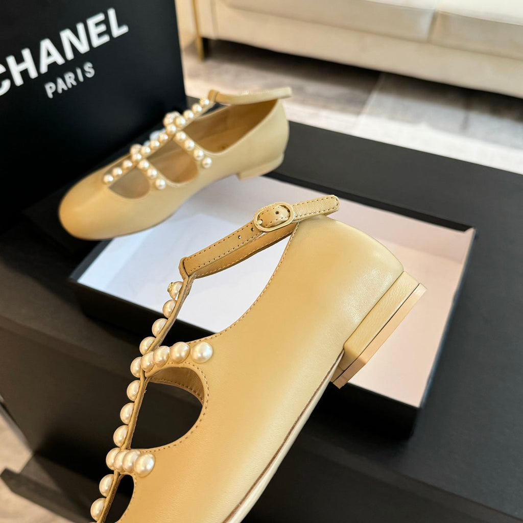 Chanel Mary Janes Shoes Light Yellow Goatskin with Faux Pearl