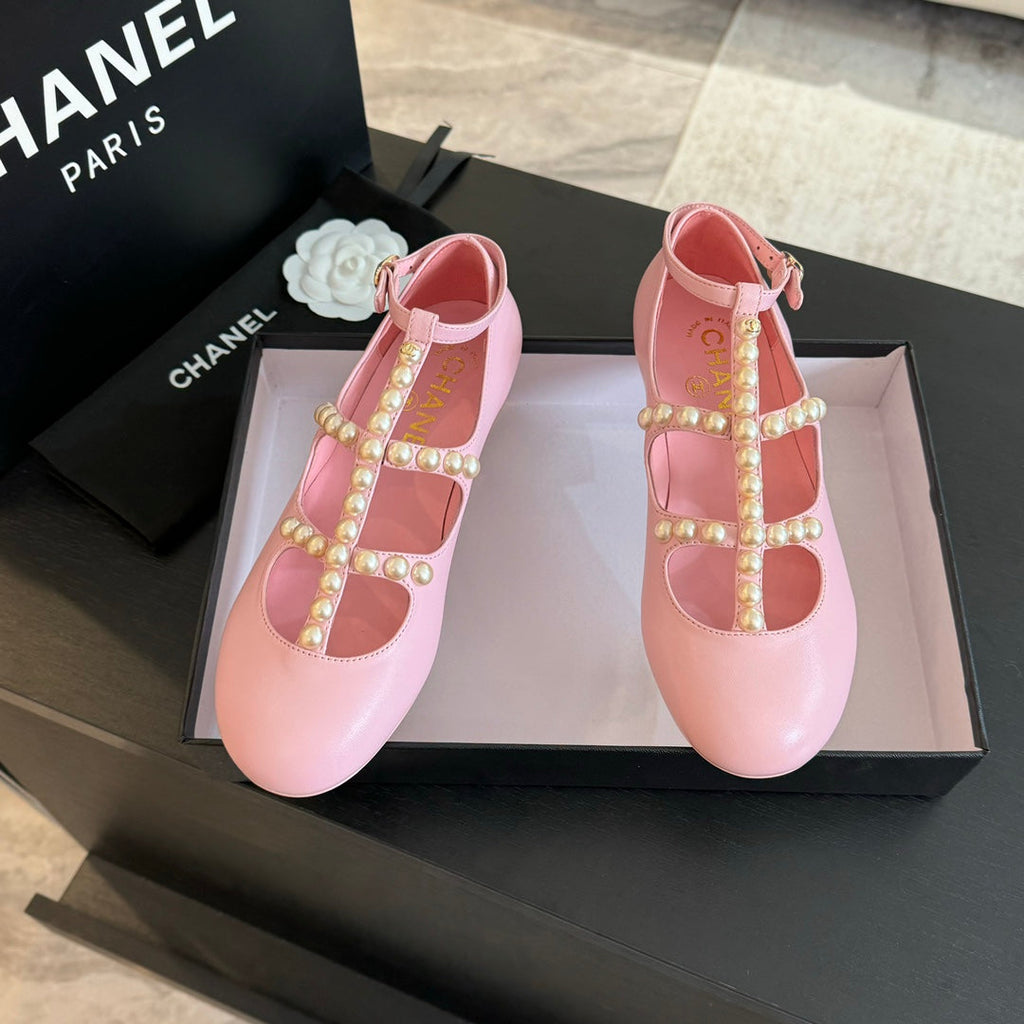 Chanel Mary Janes Shoes Light Pink Goatskin with Faux Pearl