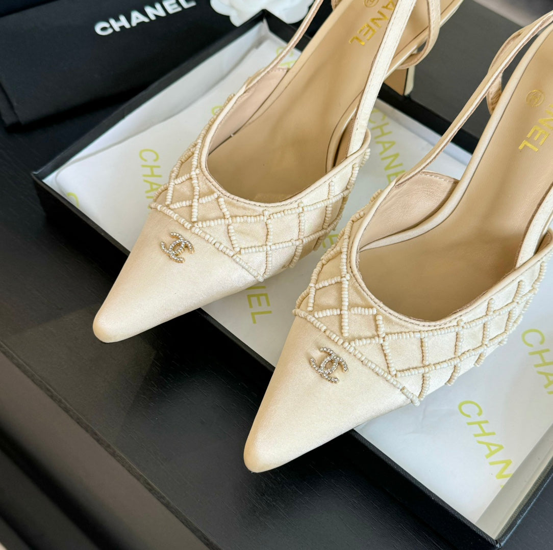 Chanel Pointed Slingback Mid Heels Beige Cream Lambskin
