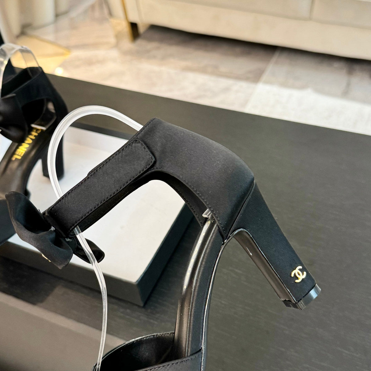 Chanel High Sandal Open Toe in Black Satin