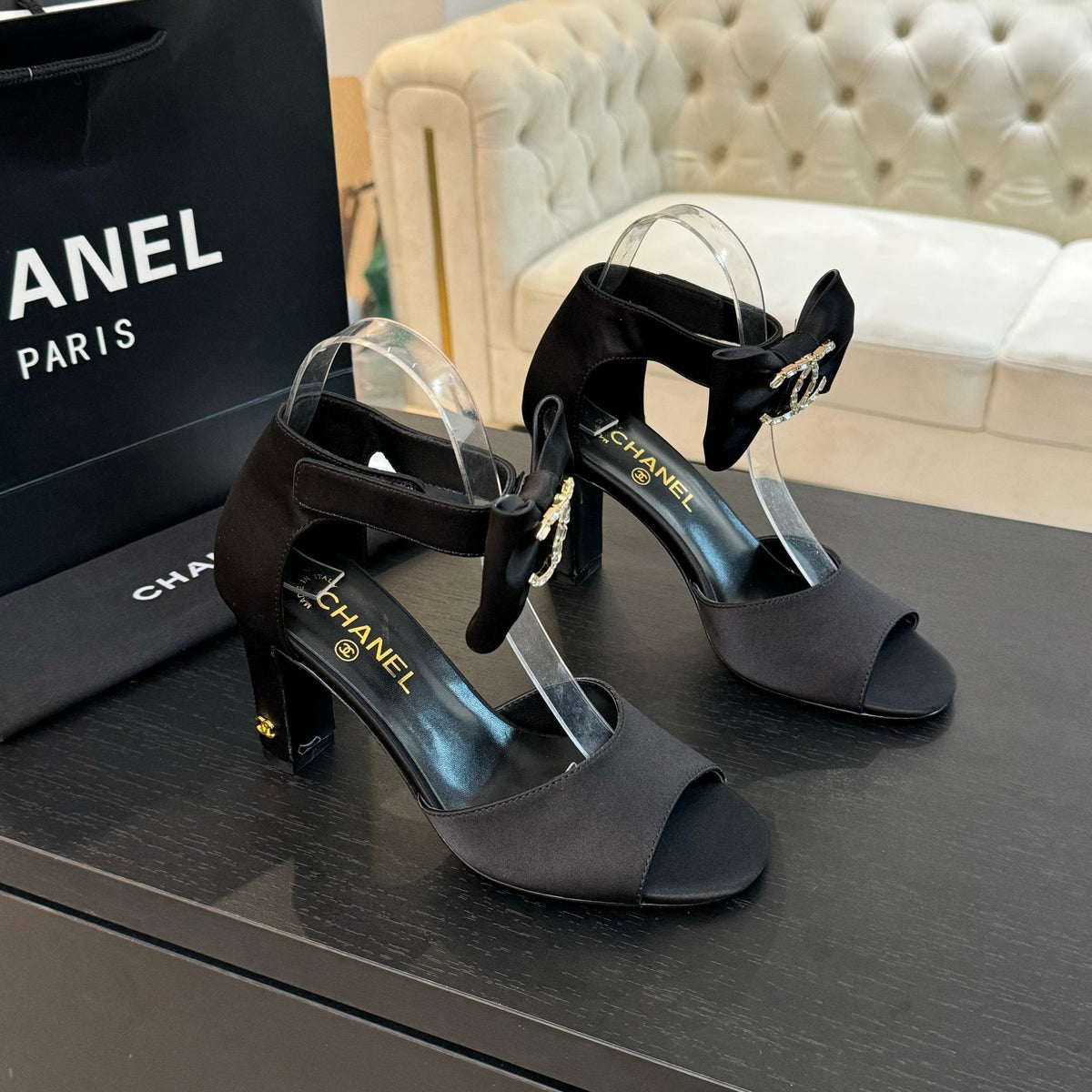 Chanel High Sandal Open Toe in Black Satin