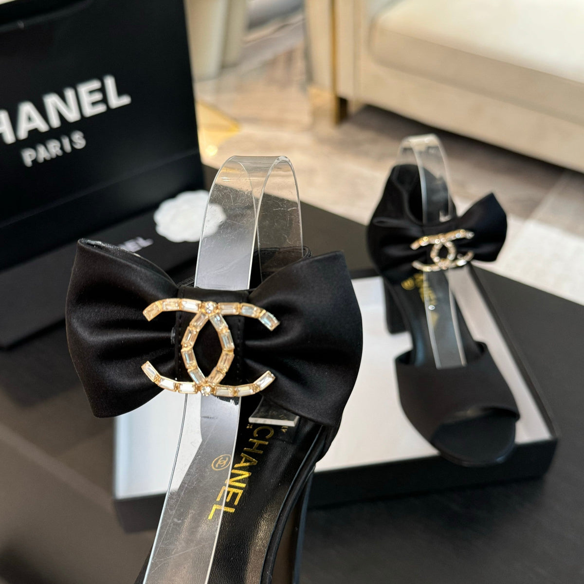 Chanel High Sandal Open Toe in Black Satin