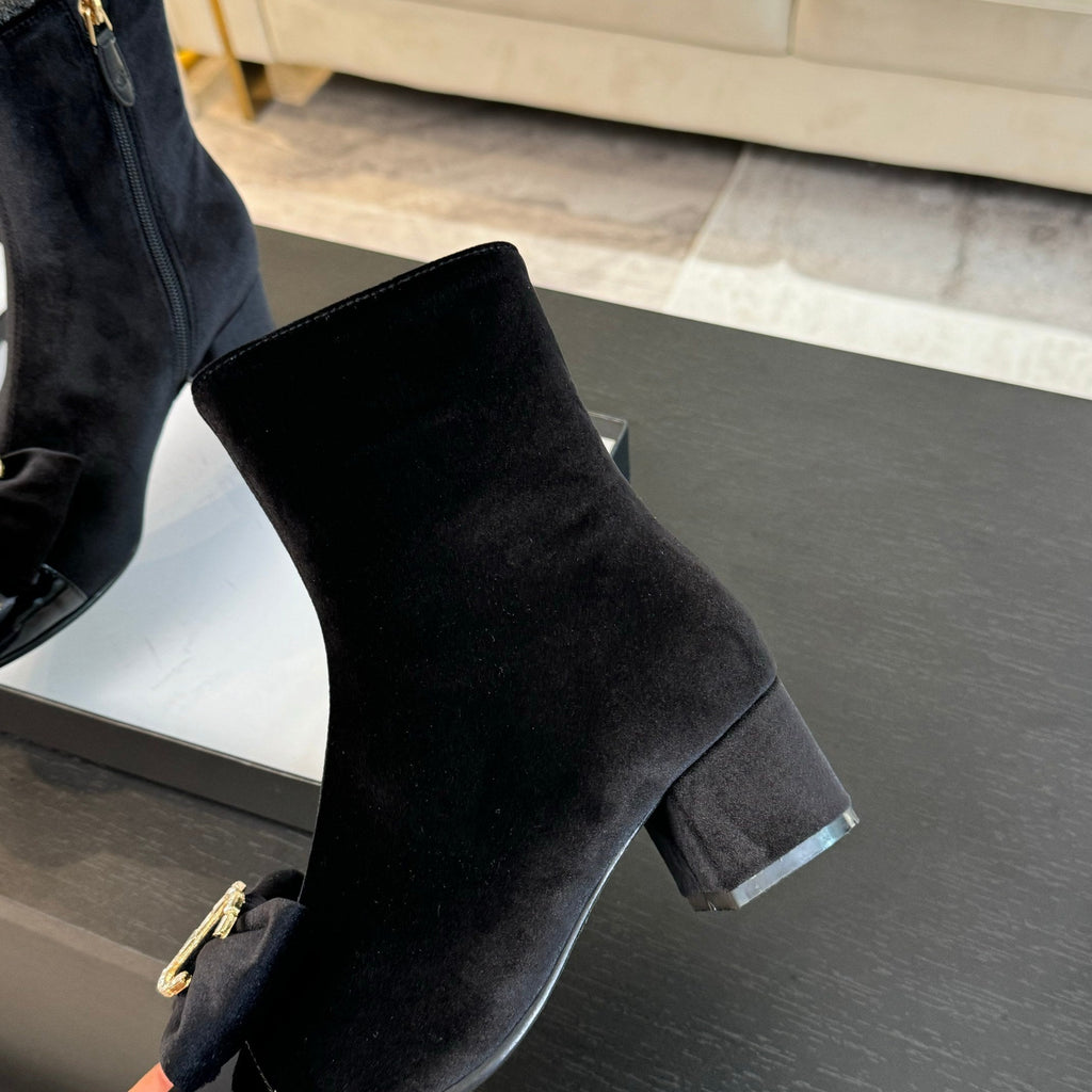 Chanel Short Boots in Black Velvet and Lambskin