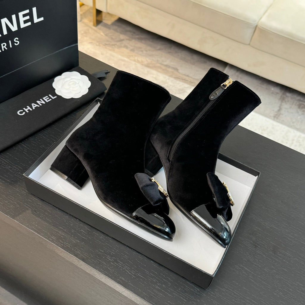 Chanel Short Boots in Black Velvet and Lambskin