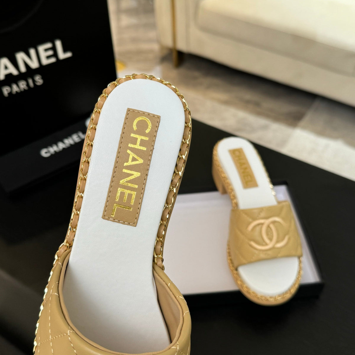 Chanel High Flatform Slipper in Dijon Yellow Embossed Sheepskin