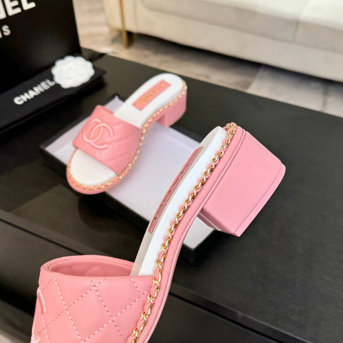 Chanel High Flatform Slipper in Rouge Pink Embossed Sheepskin