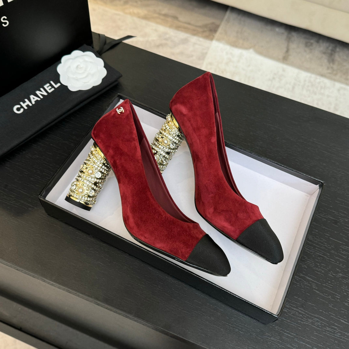 Chanel High Heel 85 mm Sandals in Ruby Red Suede and Black Fabric