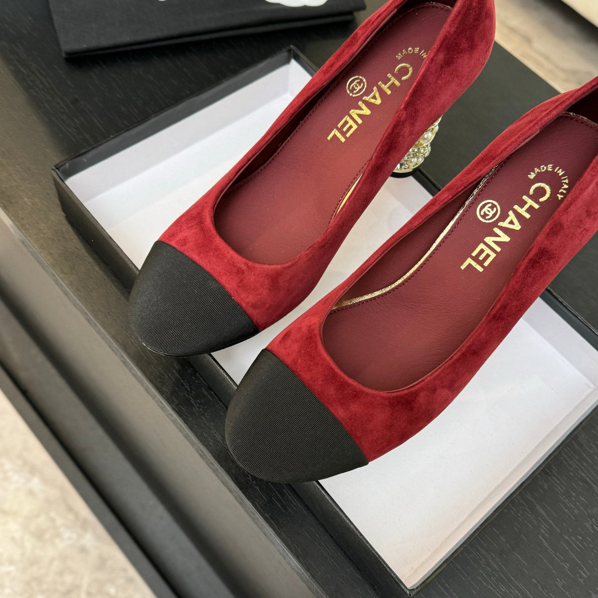 Chanel High Heel 85 mm Sandals in Ruby Red Suede and Black Fabric