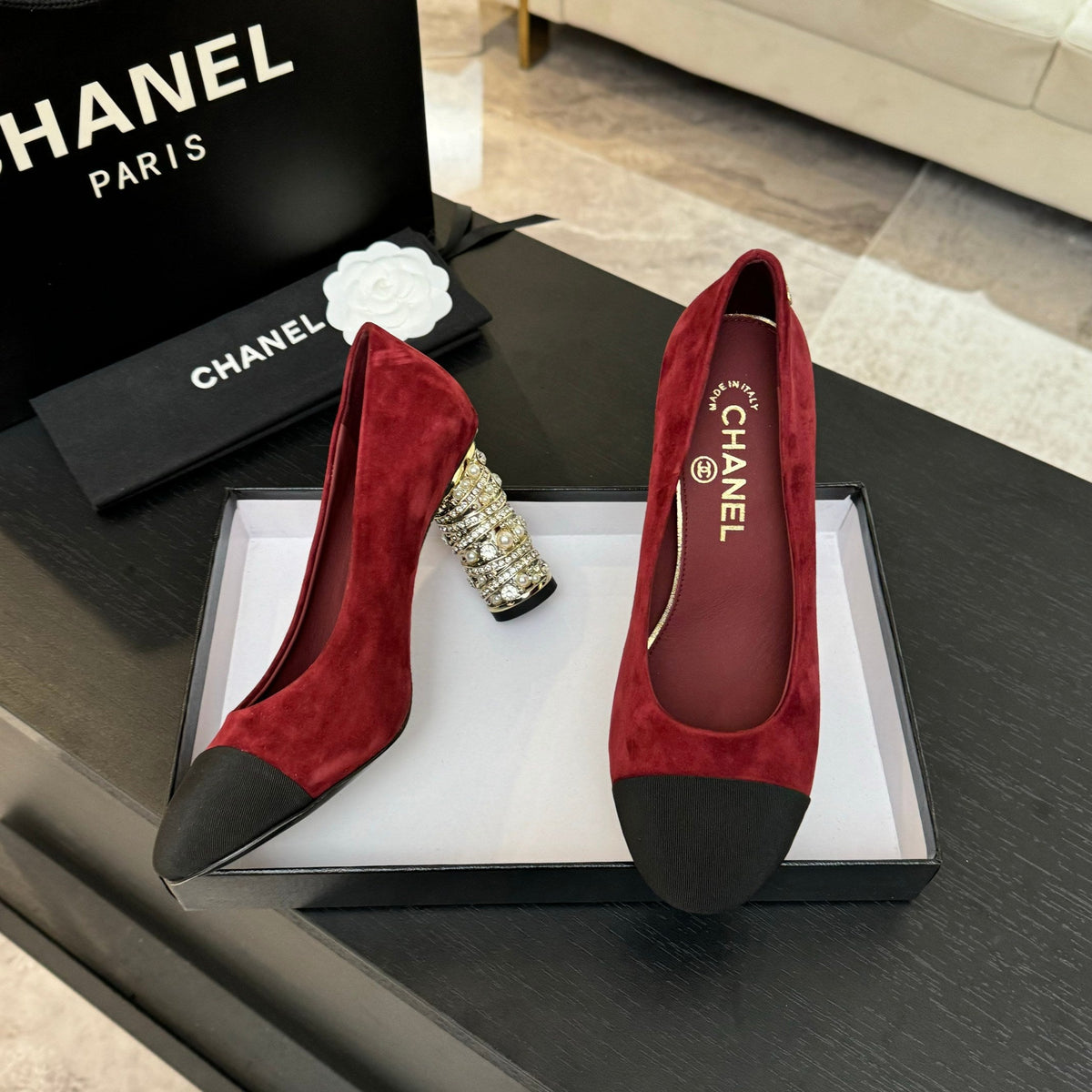 Chanel High Heel 85 mm Sandals in Ruby Red Suede and Black Fabric