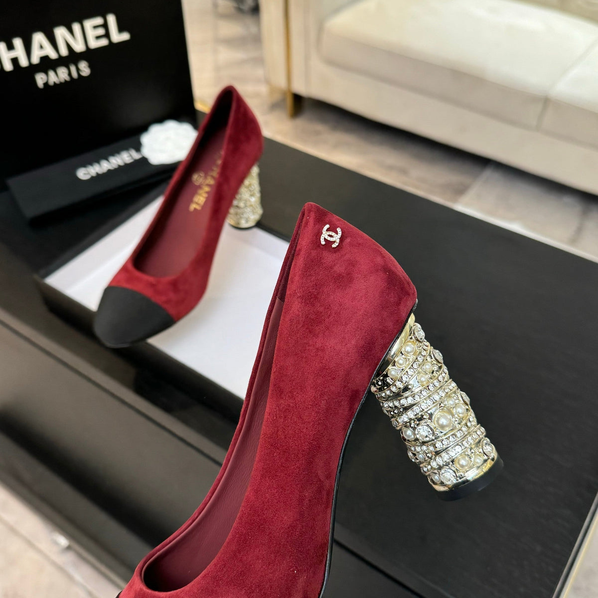 Chanel High Heel 85 mm Sandals in Ruby Red Suede and Black Fabric