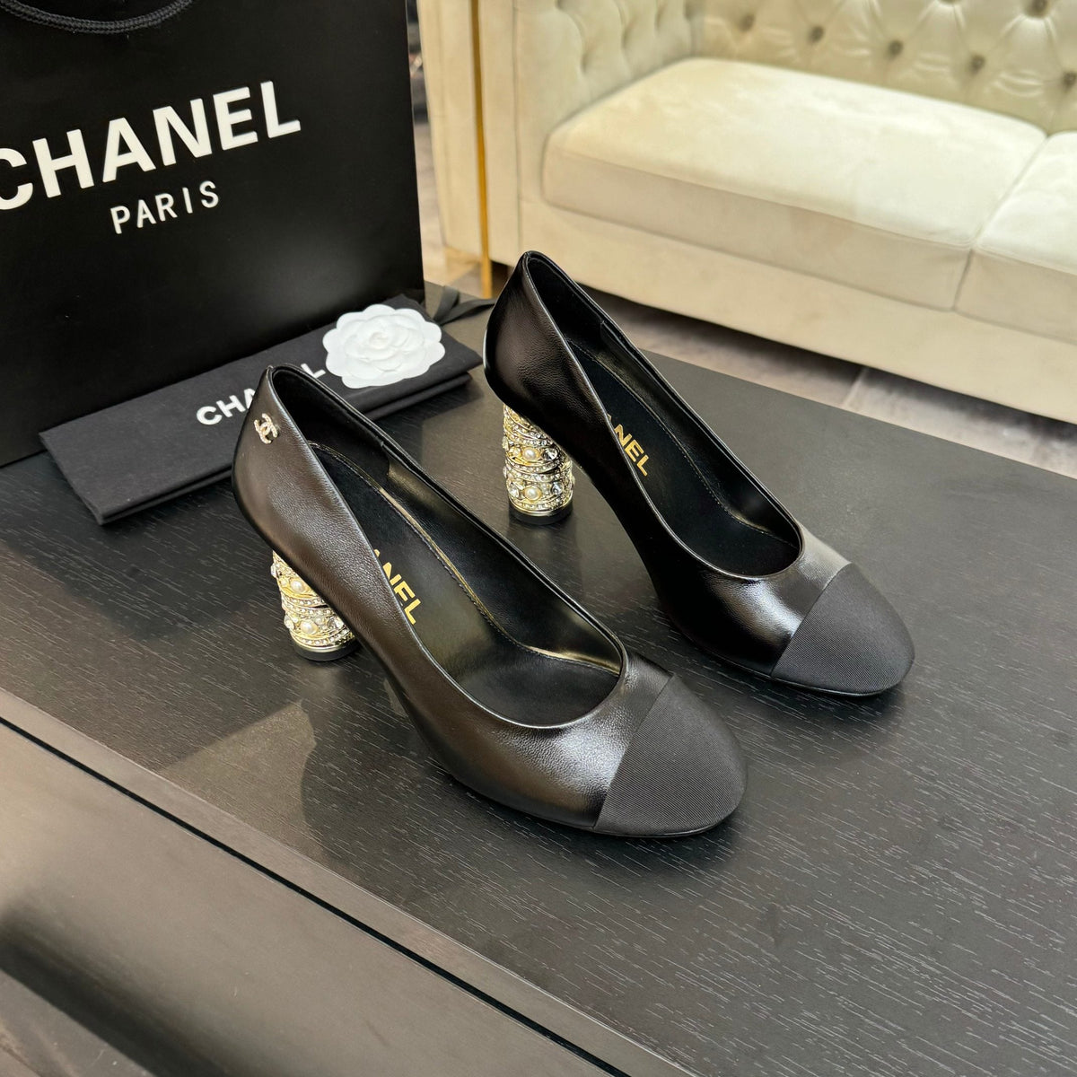 Chanel High Heel 85 mm Sandals in Black Calfskin and Fabric