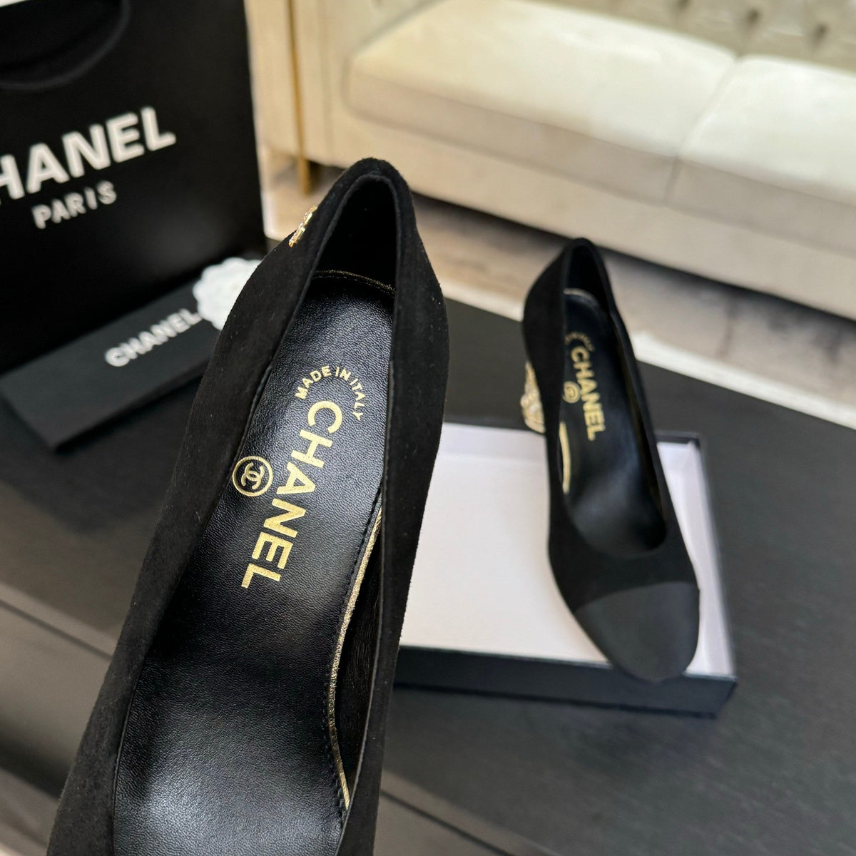 Chanel High Heel 85 mm Sandals in Black Suede and Fabric