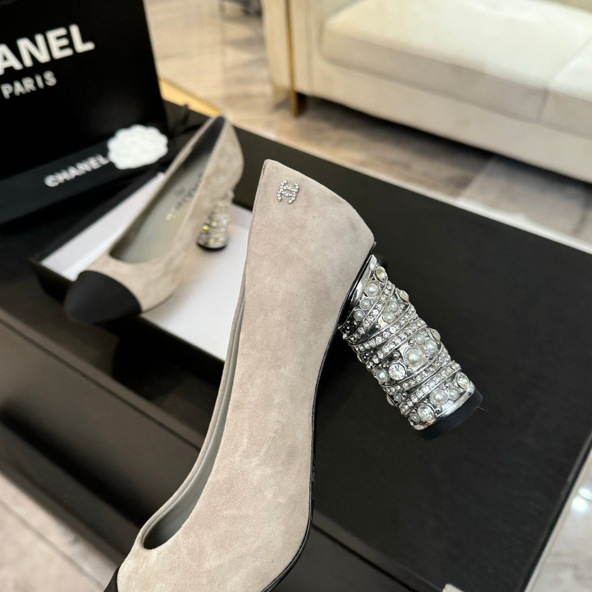 Chanel High Heel 85 mm Sandals in Pale Gray Suede and Black Fabric