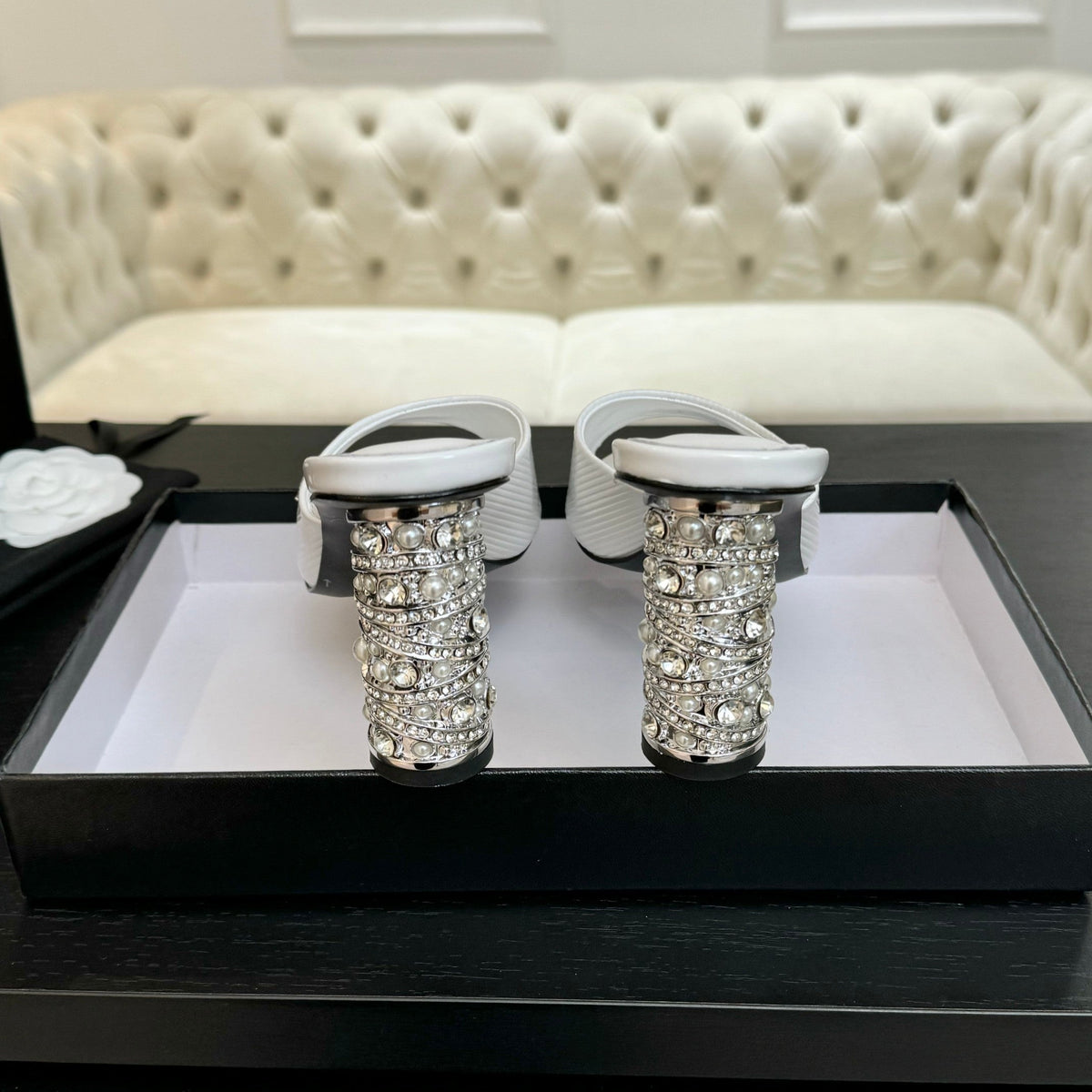 Chanel T-Strap Pearl Heel 85 mm Sandals in White Lambskin Mule