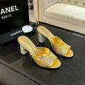 Chanel T-Strap Pearl Heel 85 mm Sandals in Gold Lambskin Mule