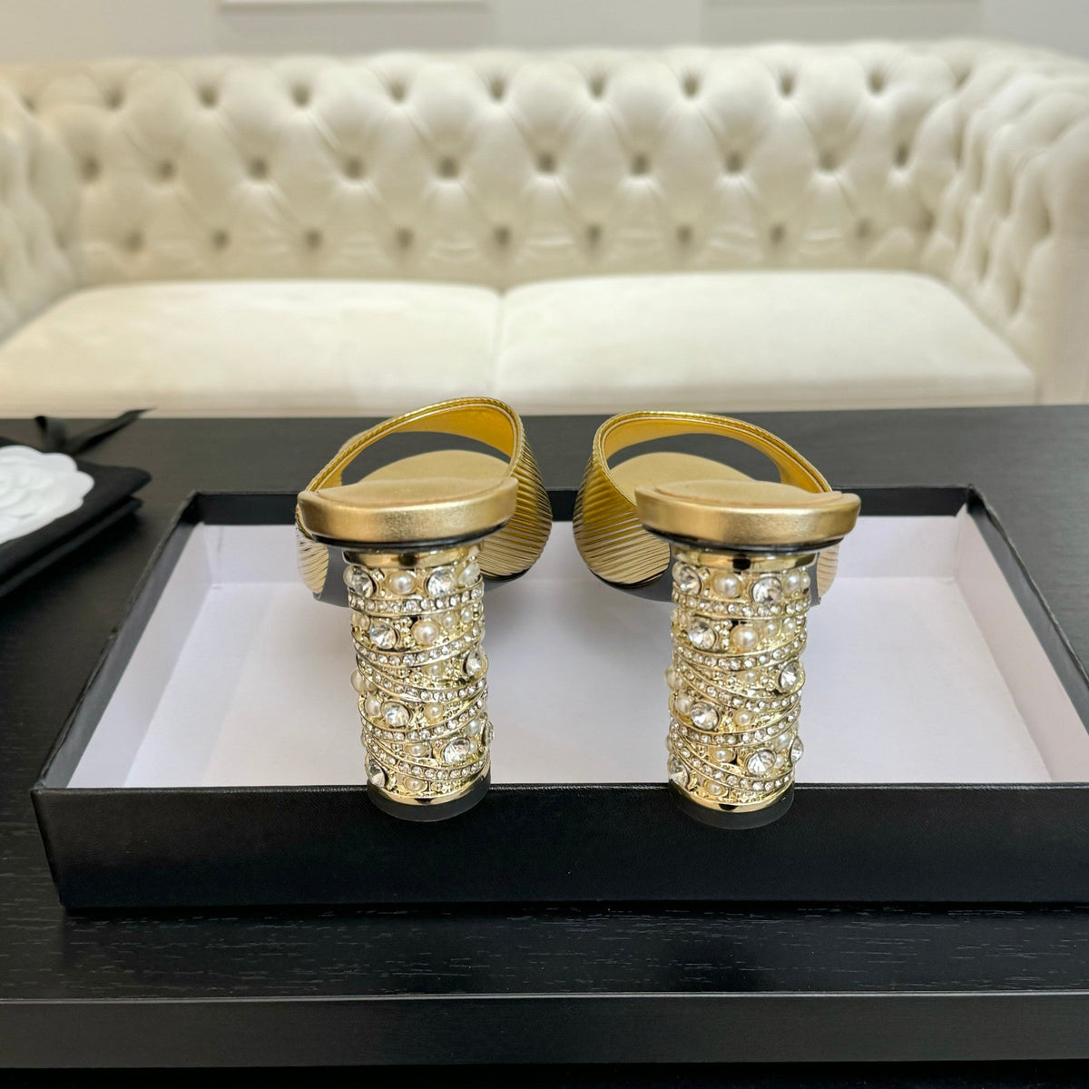 Chanel T-Strap Pearl Heel 85 mm Sandals in Gold Lambskin Mule
