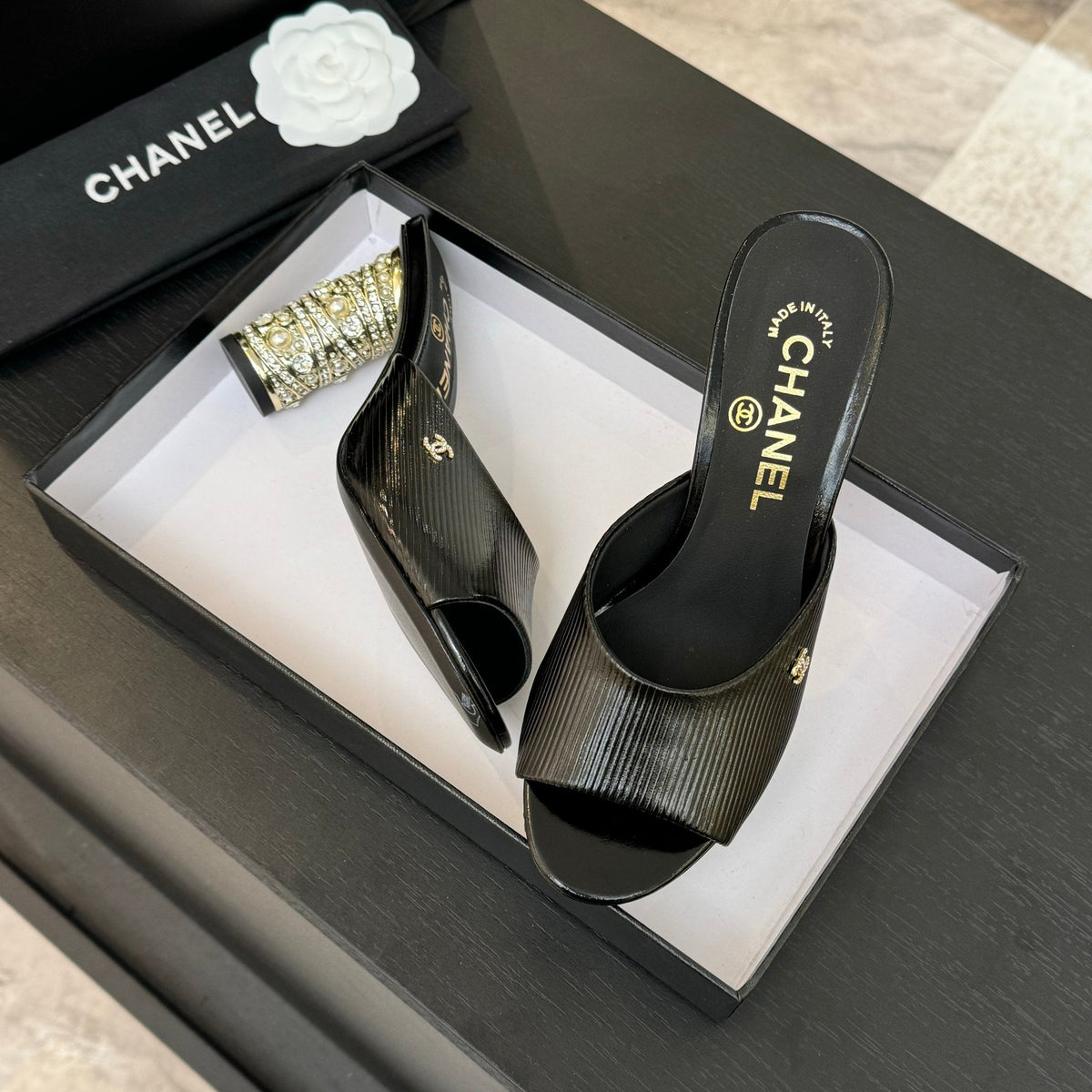 Chanel T-Strap Pearl Heel 85 mm Sandals in Black Lambskin Mule