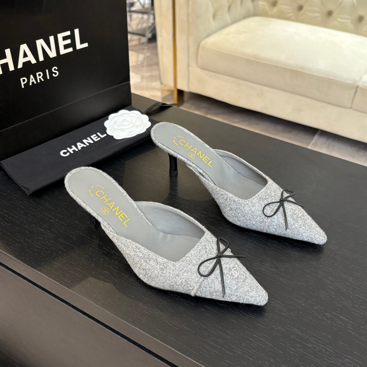 Chanel High Heel Mule 65 mm in Dove Gray Felt Coth