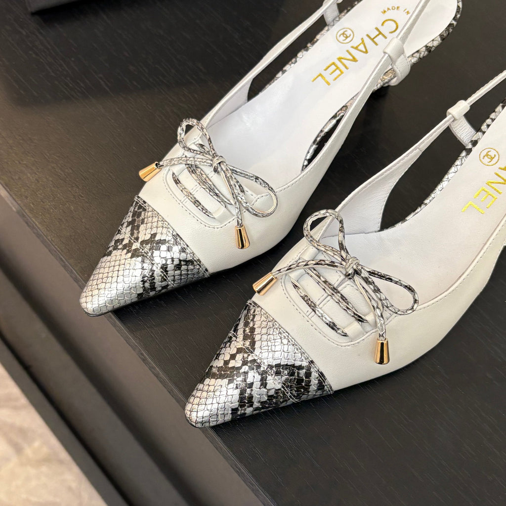 Chanel High Heel Slingbacks 65 mm in White with Snakeskin Pattern Lambskin