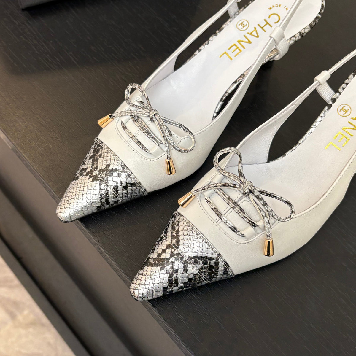 Chanel High Heel Slingbacks 65 mm in White with Snakeskin Pattern Lambskin
