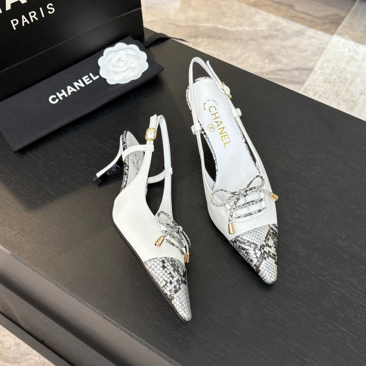 Chanel High Heel Slingbacks 65 mm in White with Snakeskin Pattern Lambskin