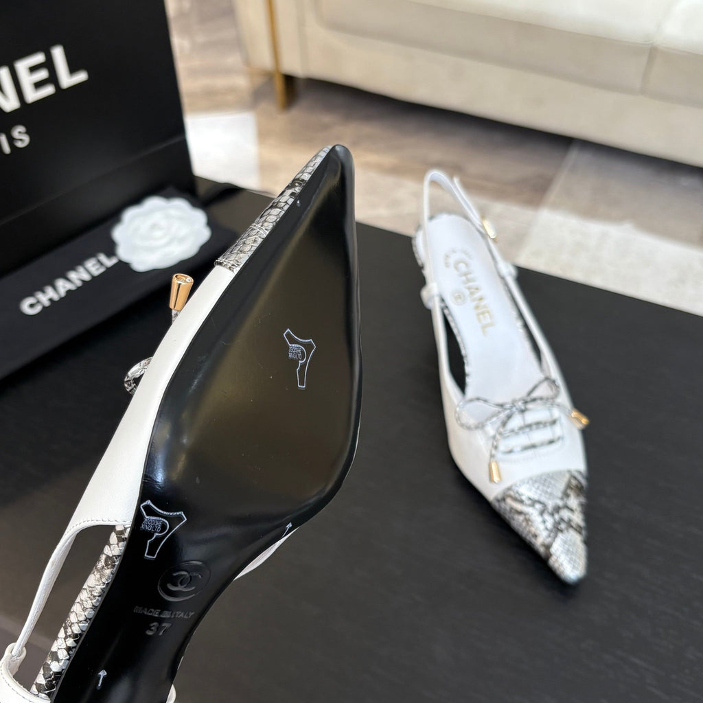 Chanel High Heel Slingbacks 65 mm in White with Snakeskin Pattern Lambskin