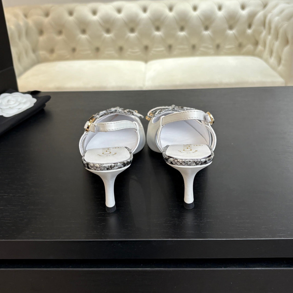 Chanel High Heel Slingbacks 65 mm in White with Snakeskin Pattern Lambskin
