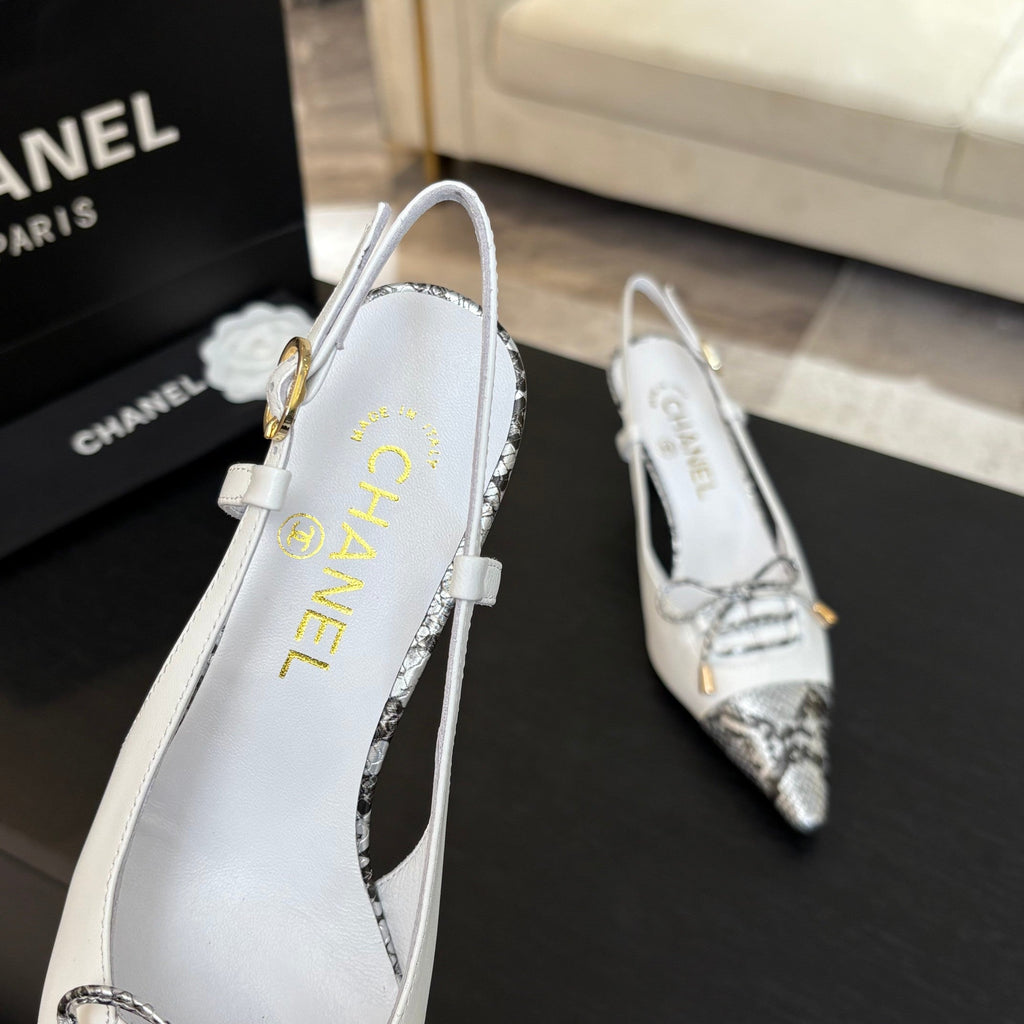 Chanel High Heel Slingbacks 65 mm in White with Snakeskin Pattern Lambskin