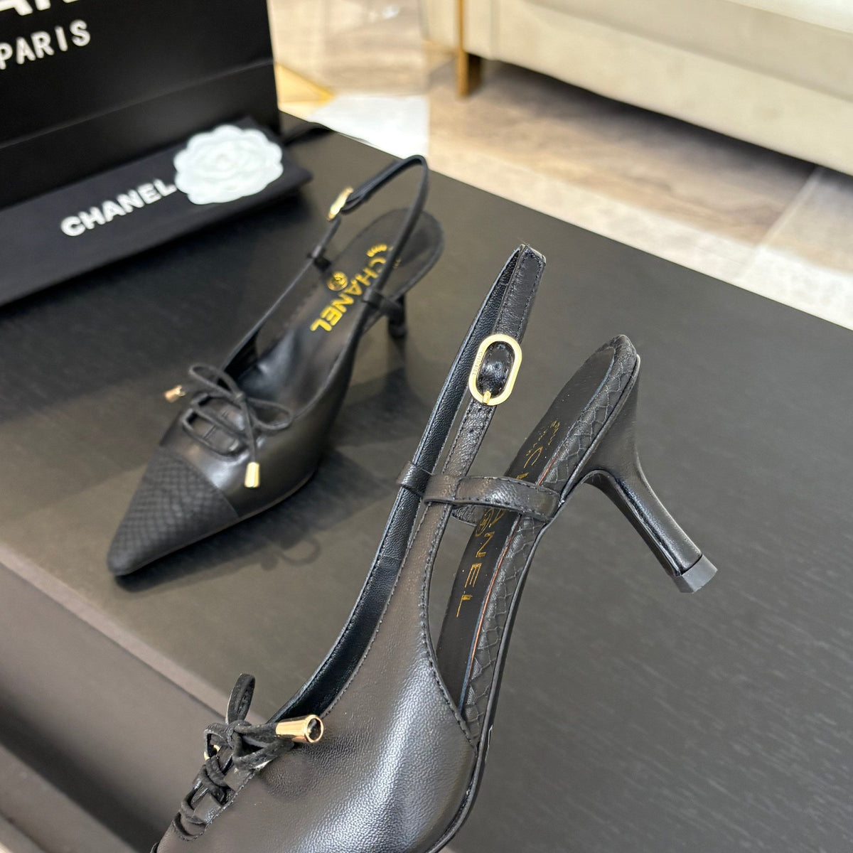 Chanel High Heel Slingbacks 65 mm in Black with Snakeskin Pattern Lambskin