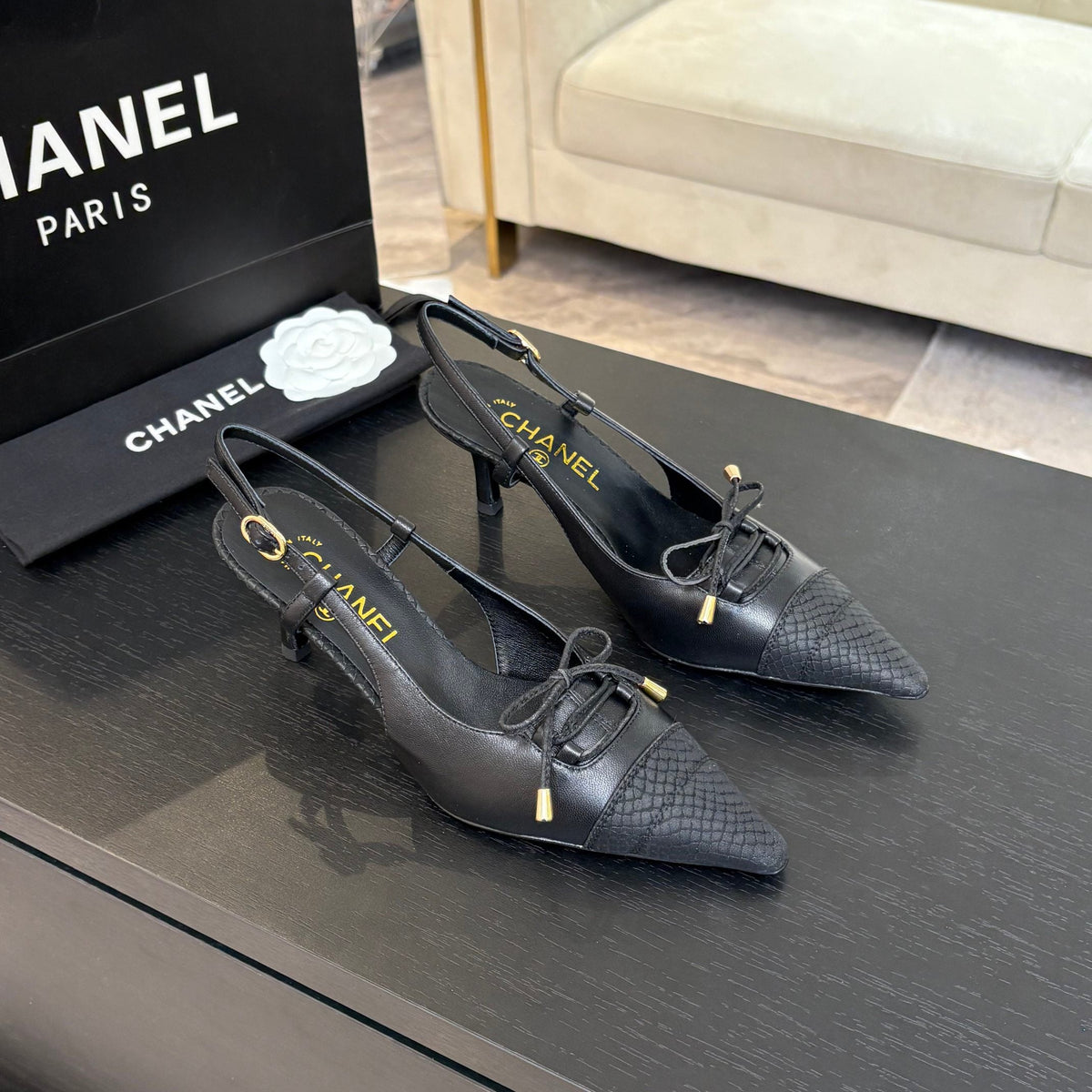 Chanel High Heel Slingbacks 65 mm in Black with Snakeskin Pattern Lambskin