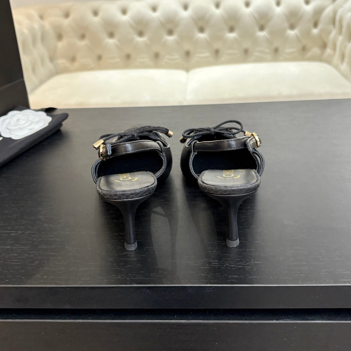 Chanel High Heel Slingbacks 65 mm in Black with Snakeskin Pattern Lambskin