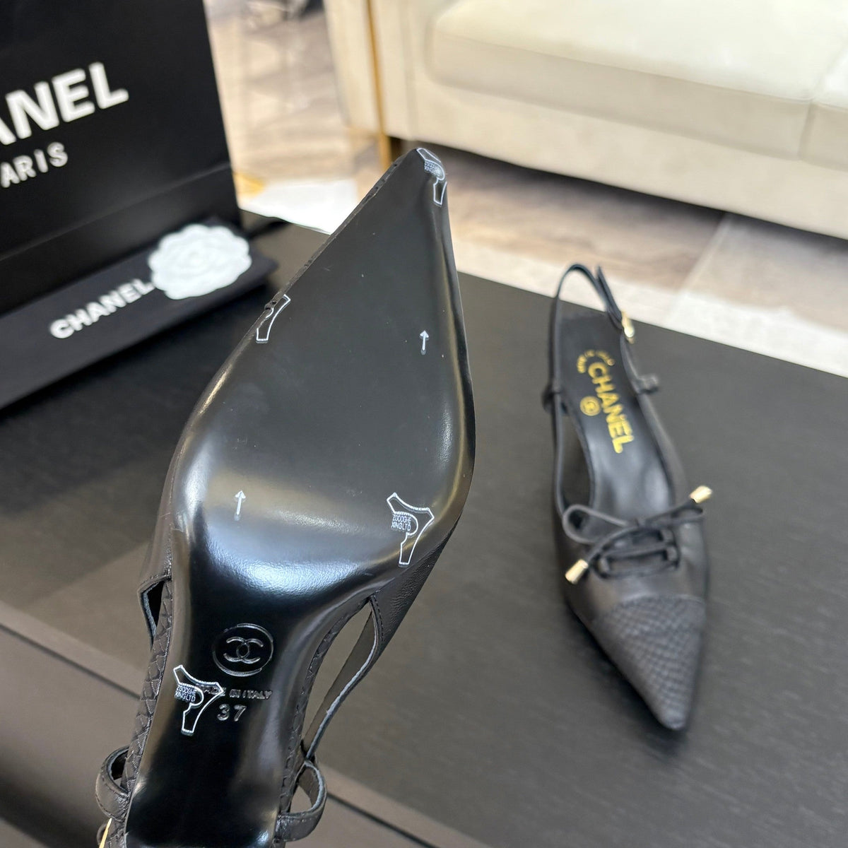Chanel High Heel Slingbacks 65 mm in Black with Snakeskin Pattern Lambskin