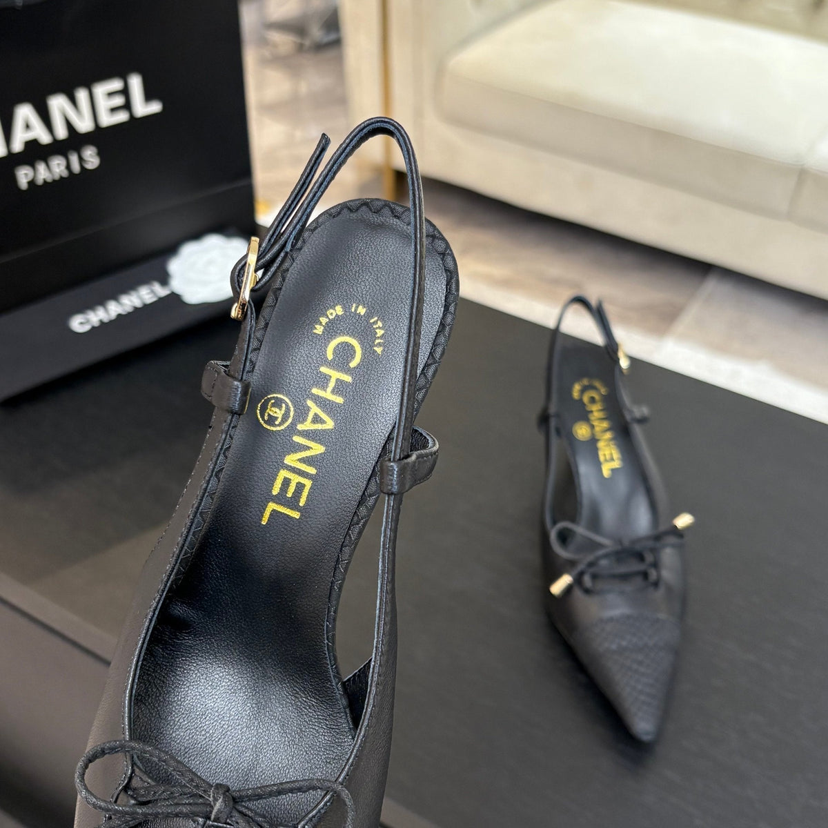 Chanel High Heel Slingbacks 65 mm in Black with Snakeskin Pattern Lambskin