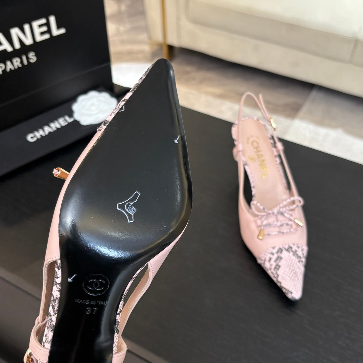 Chanel High Heel Slingbacks 65 mm in Baby Pink with Snakeskin Pattern Lambskin