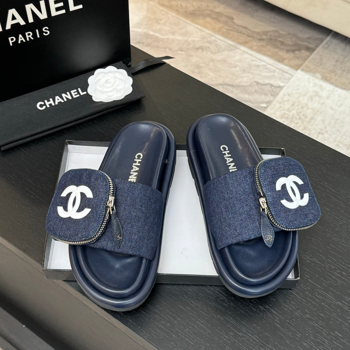 Chanel Slide in Navy Blue Denim Fabric 45 mm