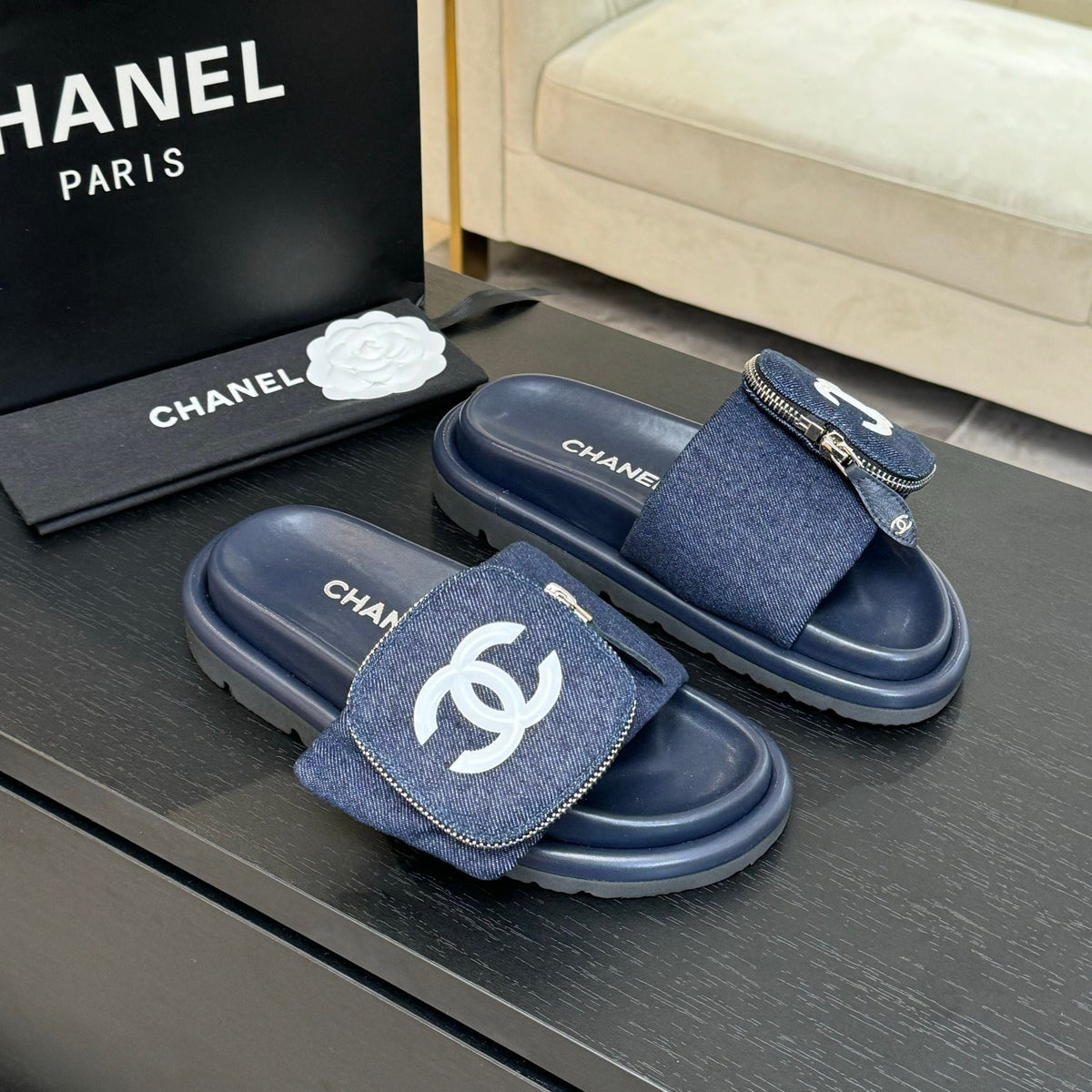 Chanel Slide in Navy Blue Denim Fabric 45 mm