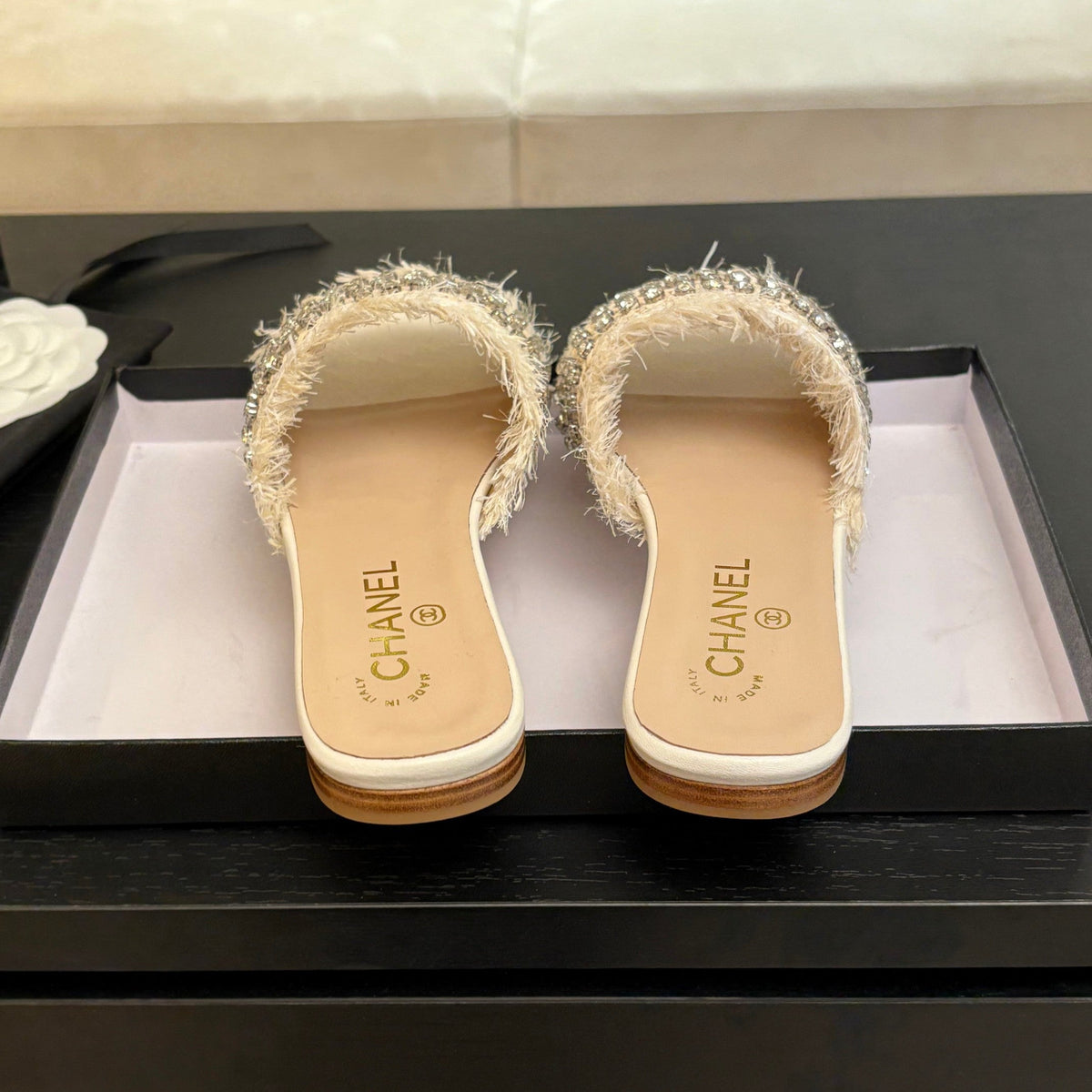 Chanel Flat Sandals Beige and White with Crystals