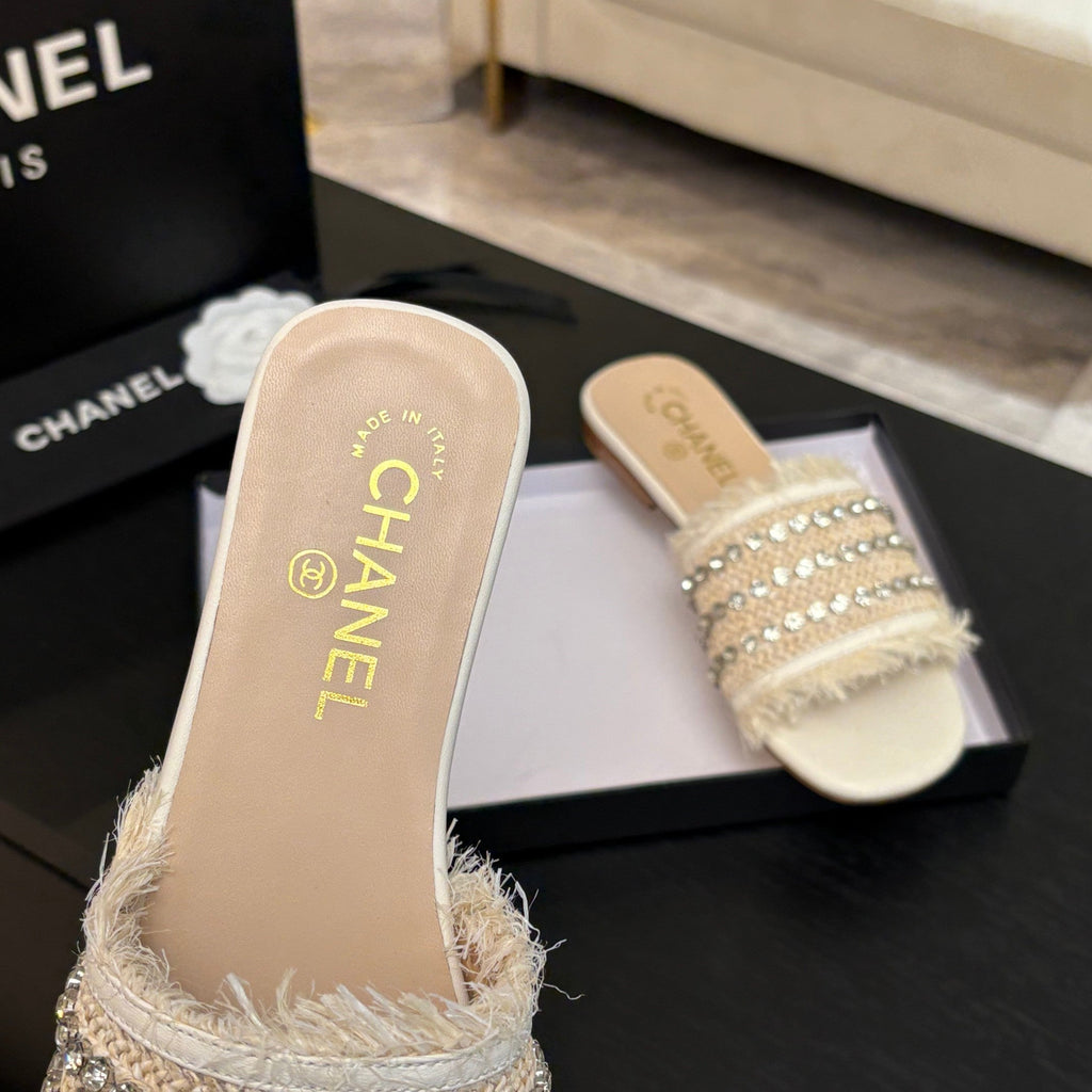 Chanel Flat Sandals Beige and White with Crystals