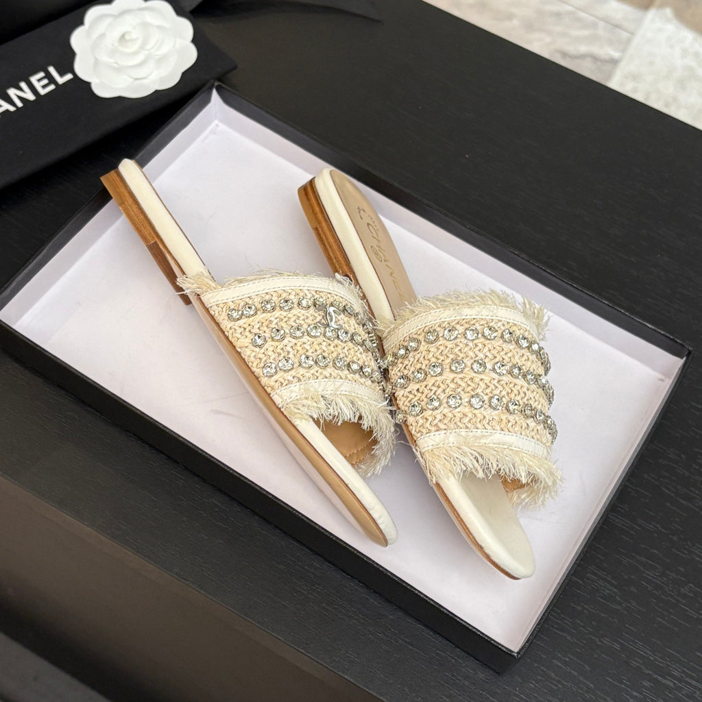 Chanel Flat Sandals Beige and White with Crystals