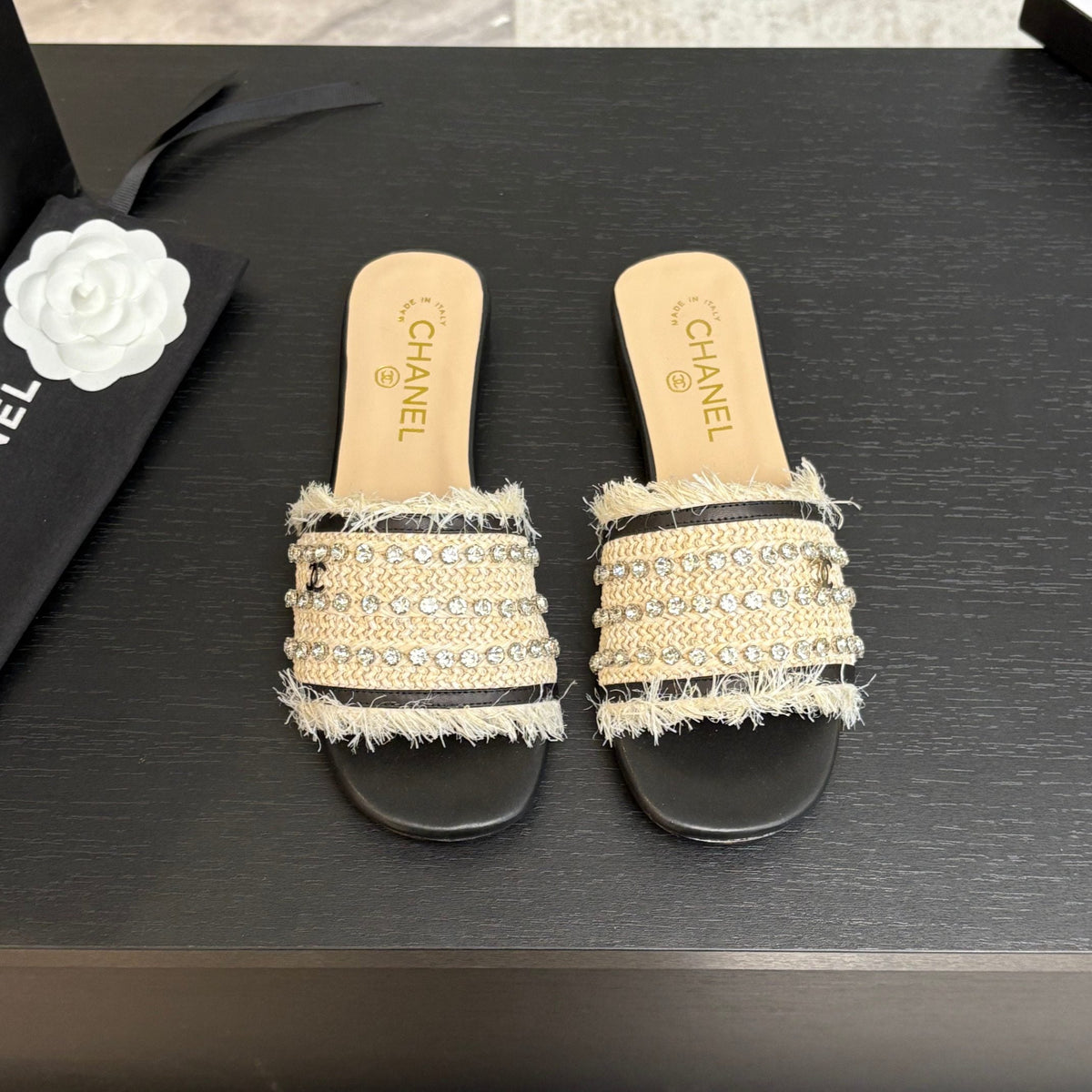 Chanel Flat Sandals Beige and Black with Crystals