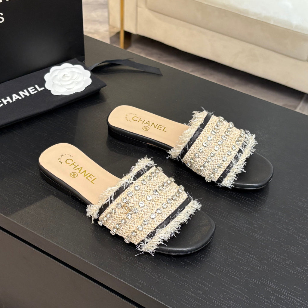 Chanel Flat Sandals Beige and Black with Crystals