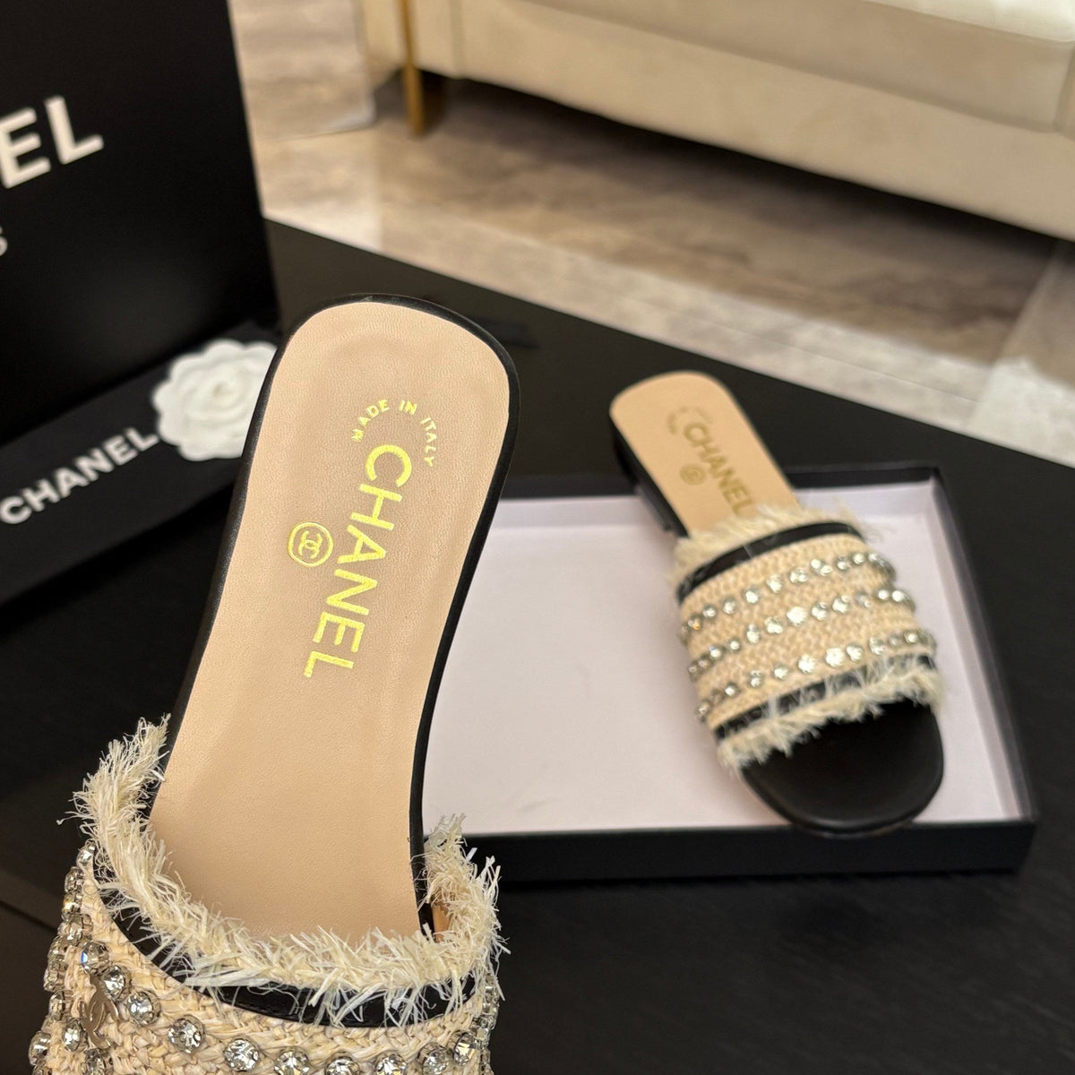 Chanel Flat Sandals Beige and Black with Crystals