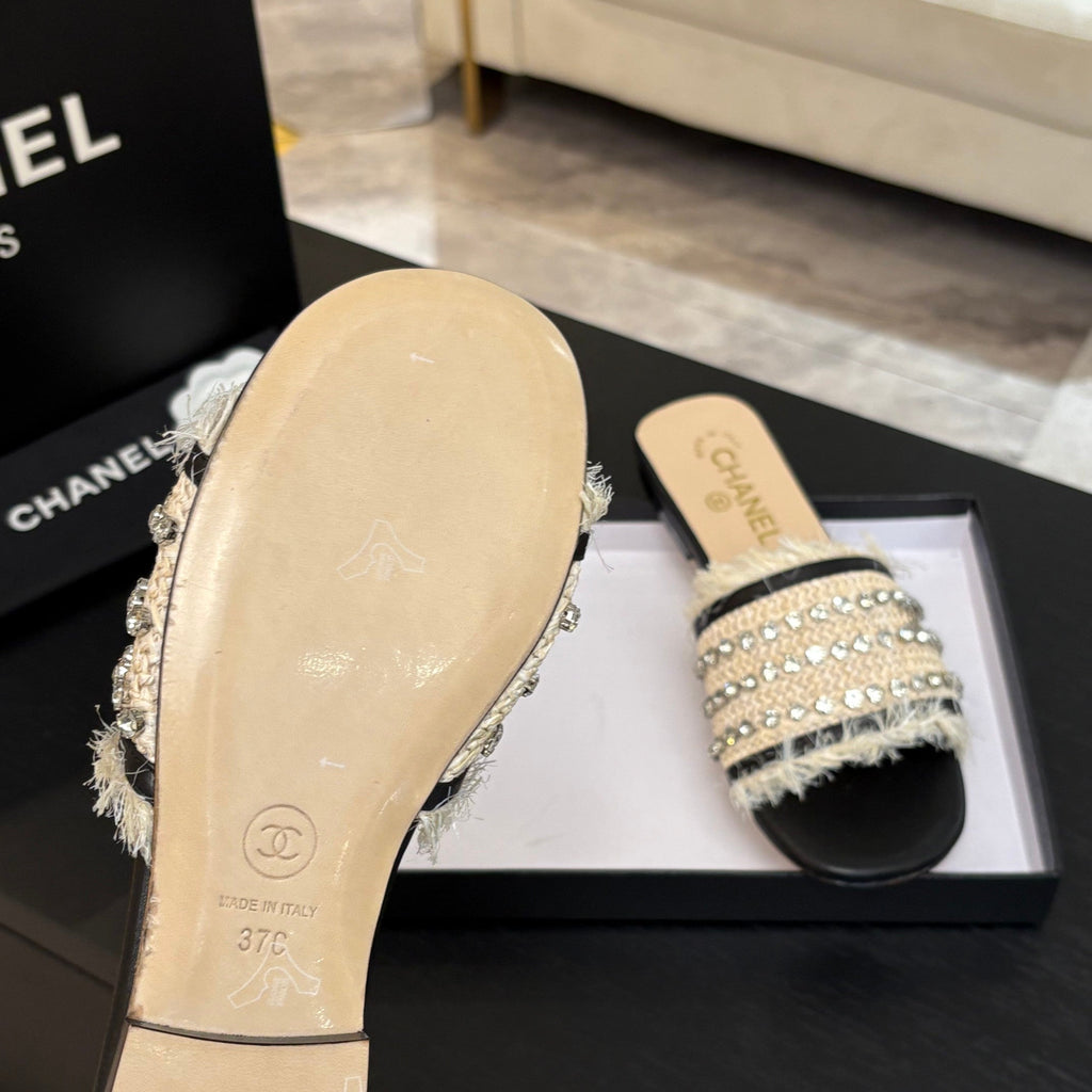 Chanel Flat Sandals Beige and Black with Crystals