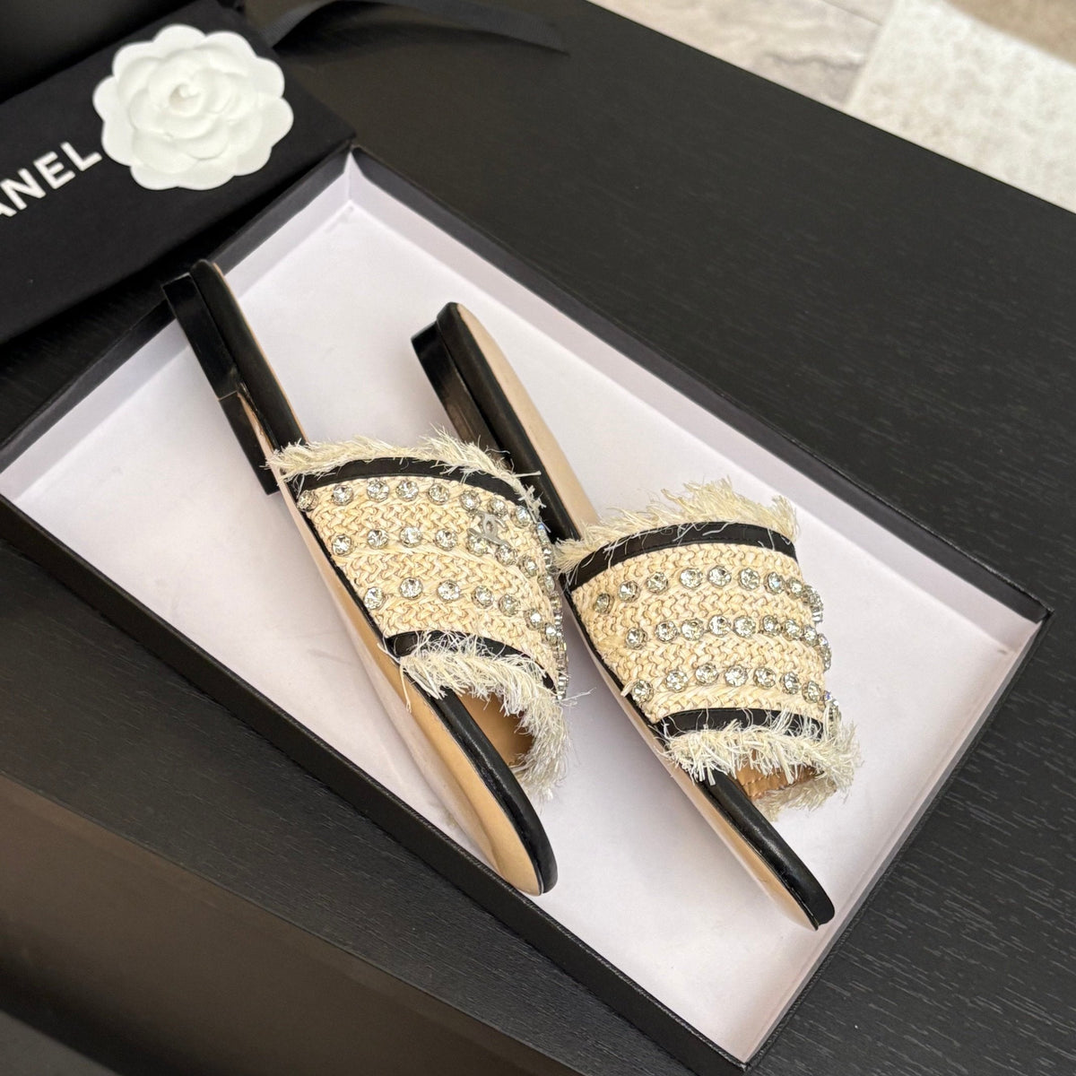 Chanel Flat Sandals Beige and Black with Crystals
