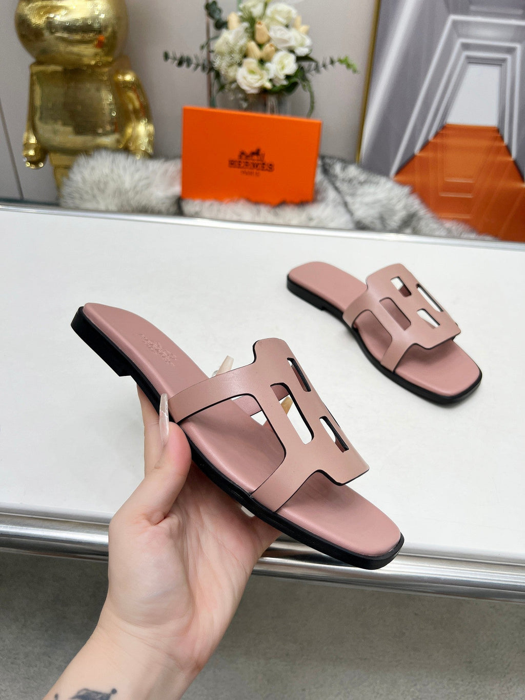Hermes Flatform Sandal Light Pink Calfskin
