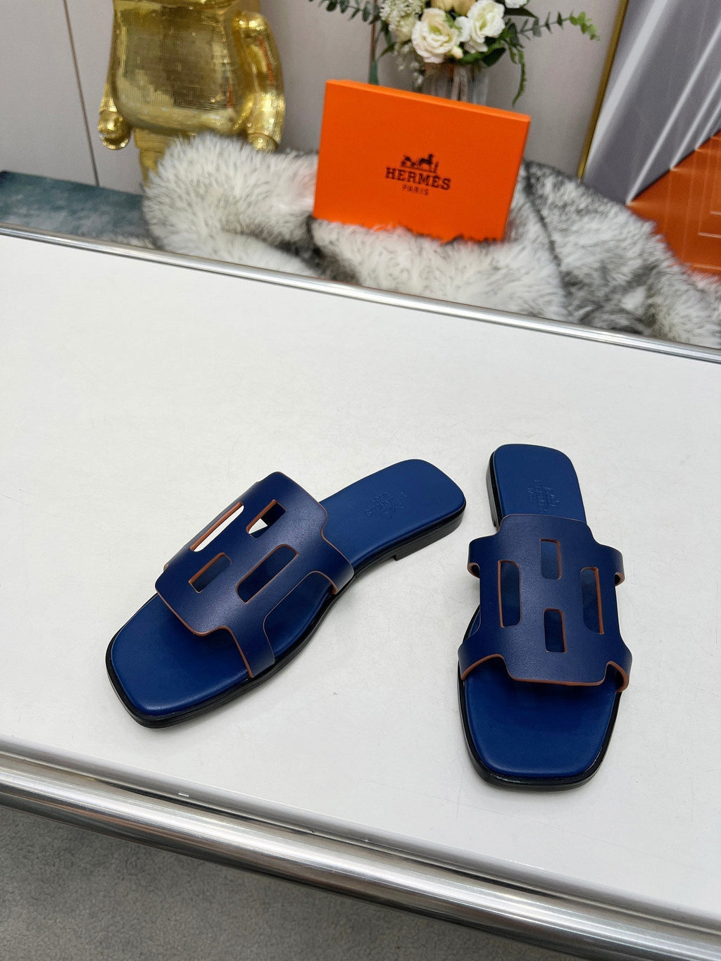 Hermes Flatform Sandal Navy Calfskin